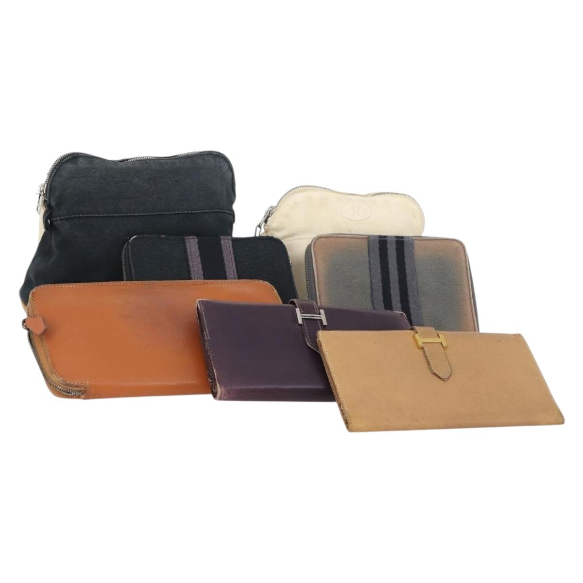 HERMES Wallet Leather Canvas 7 Set Beige Black Brown Auth bs30039