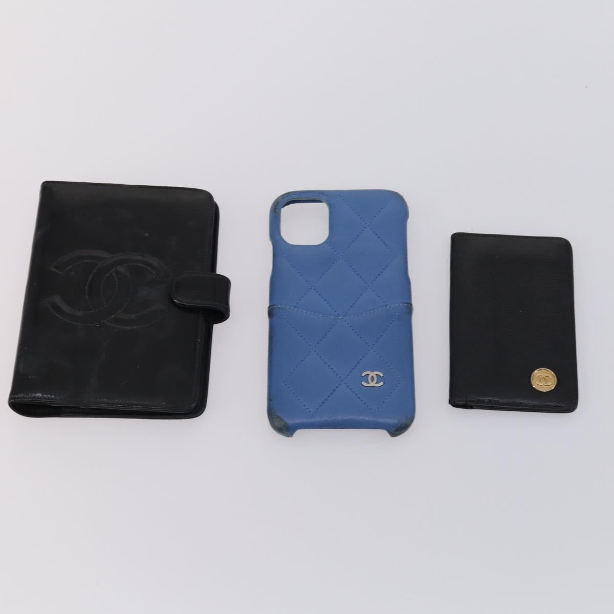 CHANEL Wallet Leather 6Set Black Blue CC Auth bs30040