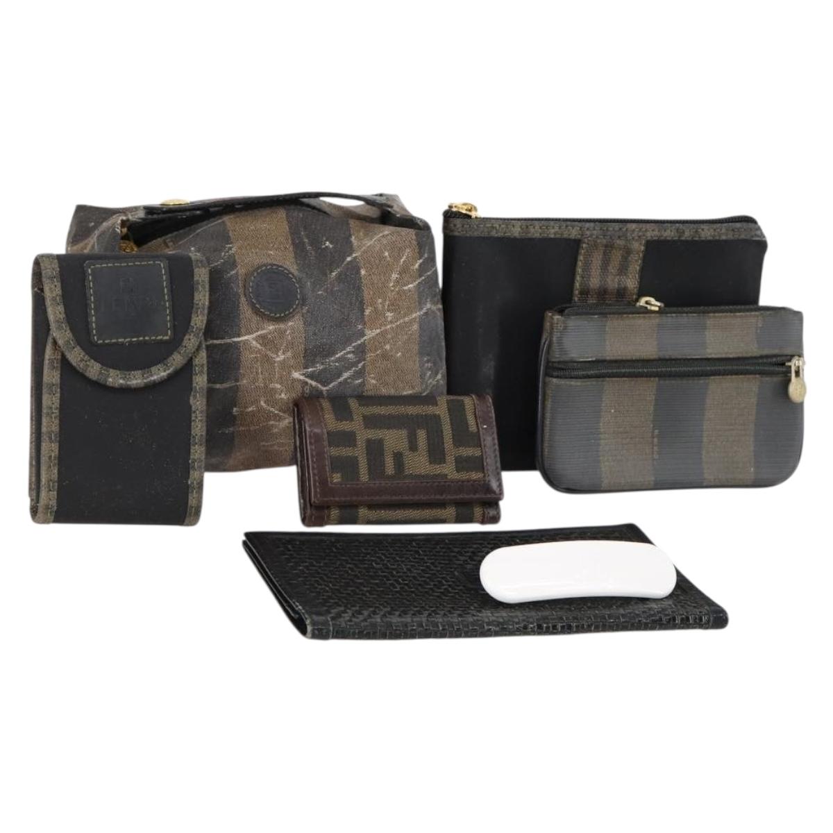 FENDI Pecan Canvas Wallet Leather 7Set Black Brown Auth bs30048