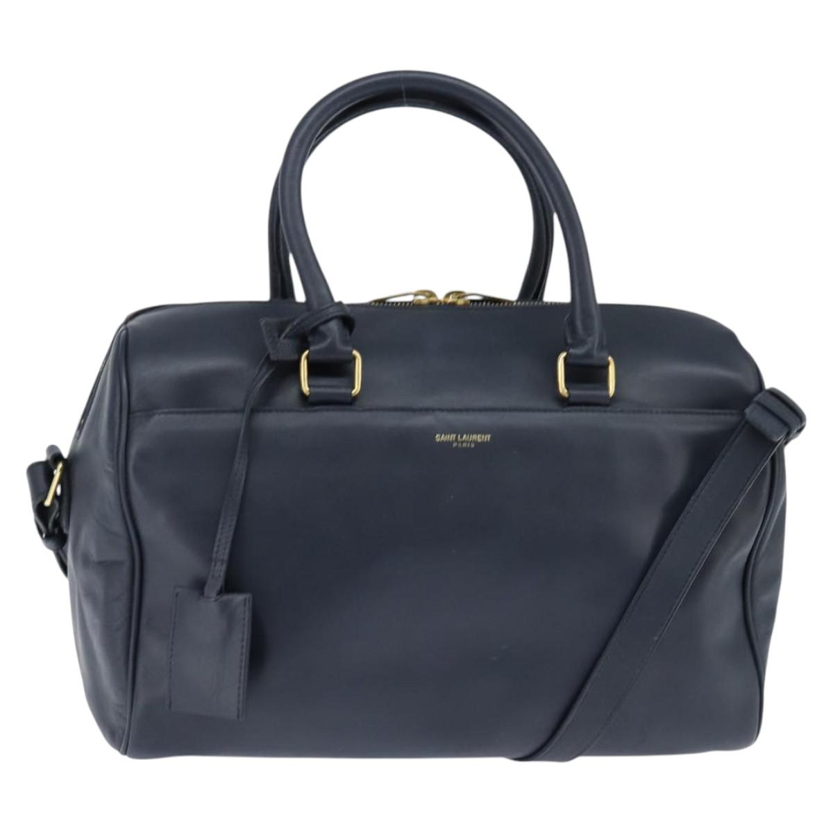 SAINT LAURENT Mini Boston Bag Leather 2way Navy Gold Auth bs30084