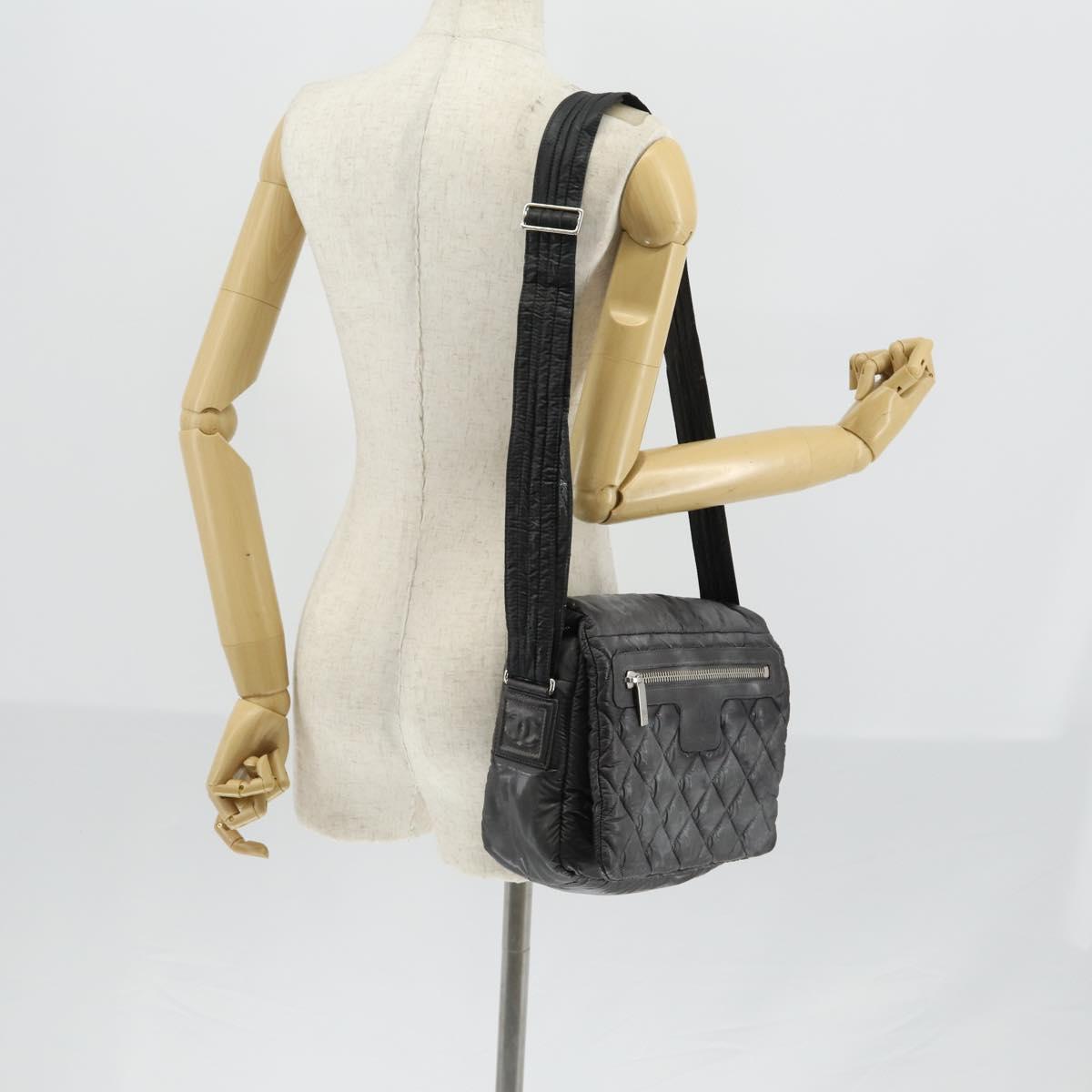 CHANEL Cococoon Shoulder Bag Nylon Gray Silver CC Auth bs30090