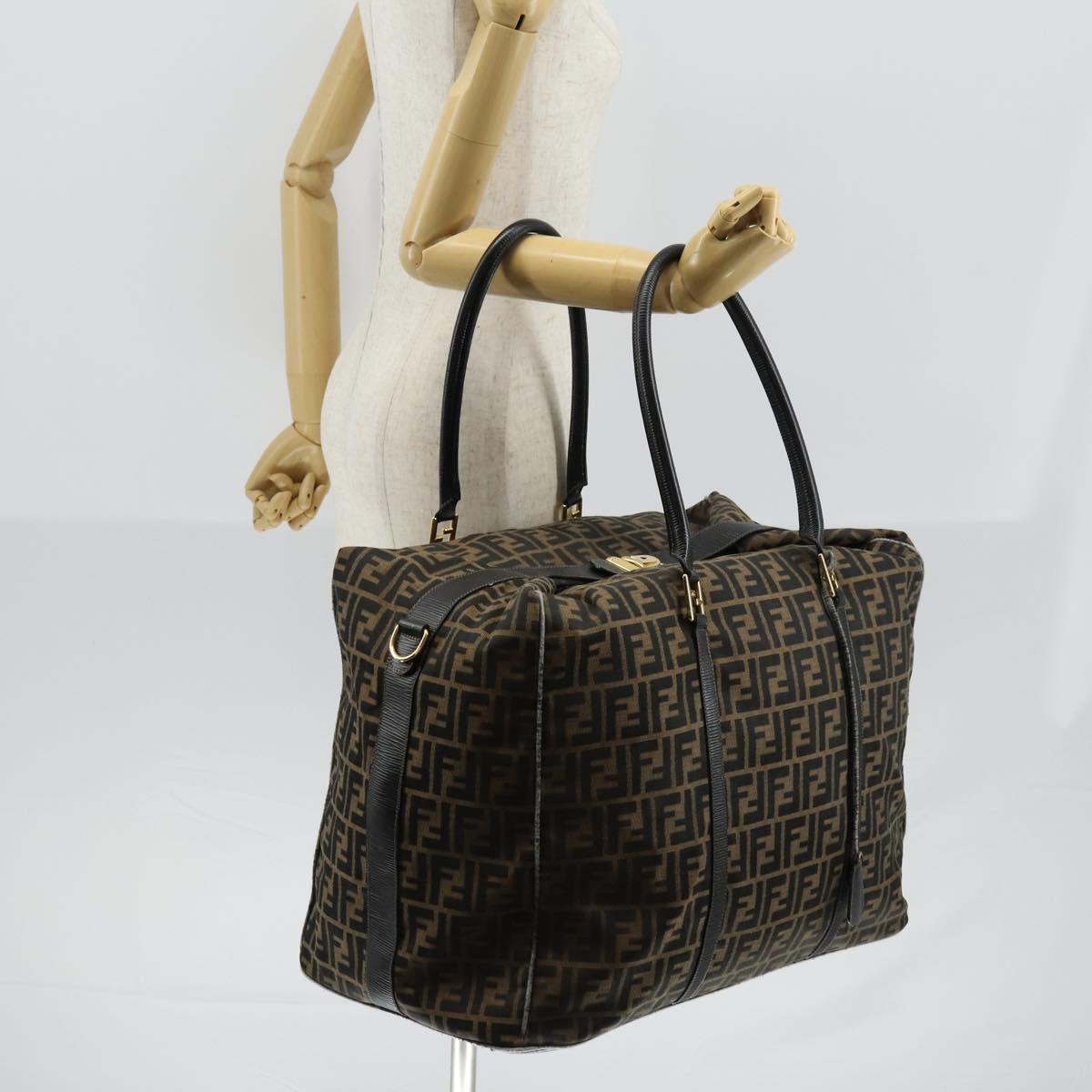 FENDI Zucca Canvas Boston Bag Black Brown Auth bs30091