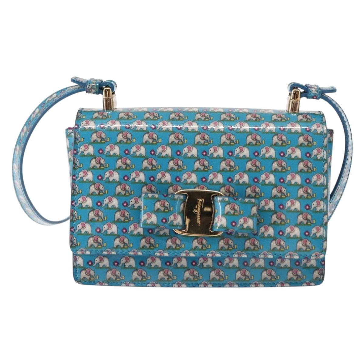 Salvatore Ferragamo Vala Shoulder Bag Enamel Blue Gold Auth bs30122