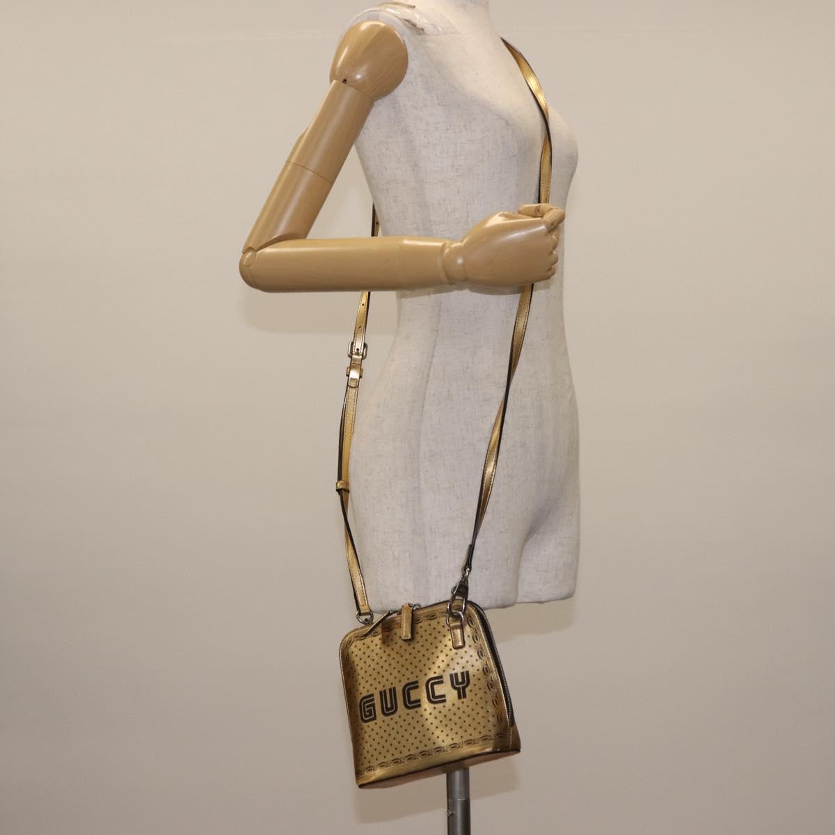 GUCCI GUCCY Print GUCCIxSEGA Bag Leather Gold Silver 511189 Auth bs30126