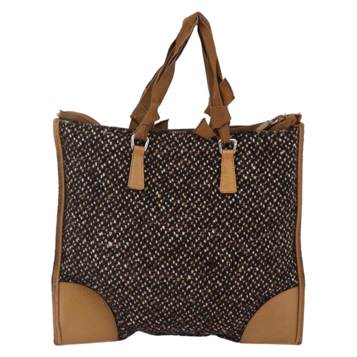 PRADA Hand Bag Tweed Beige Silver Auth bs30129