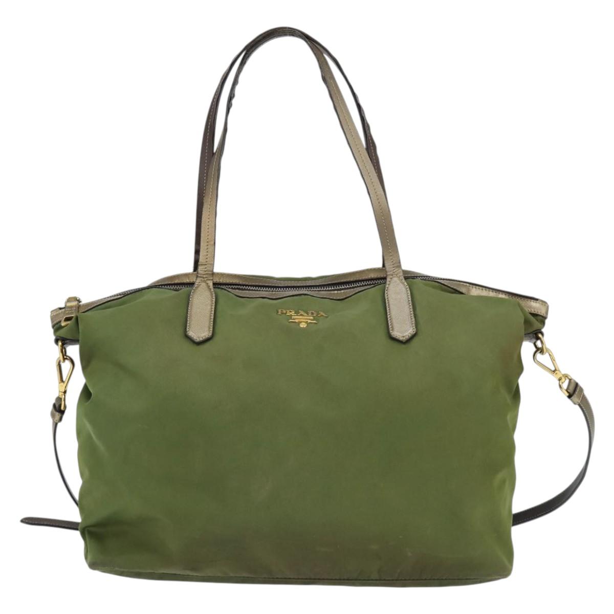 PRADA Tote Bag Nylon Khaki Gold Auth bs30152