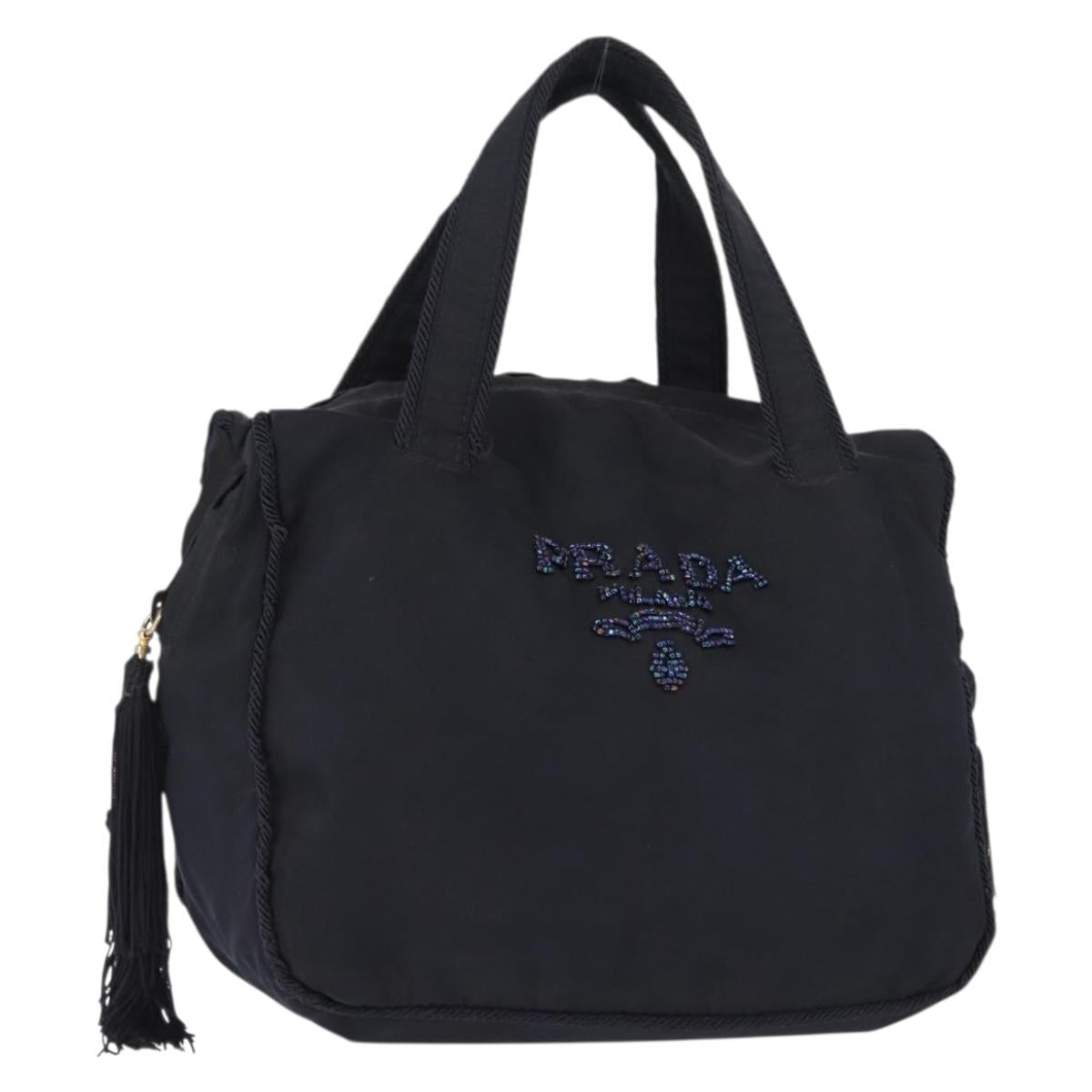 PRADA Beads Fringe Hand Bag Nylon Navy Gold Auth bs30157