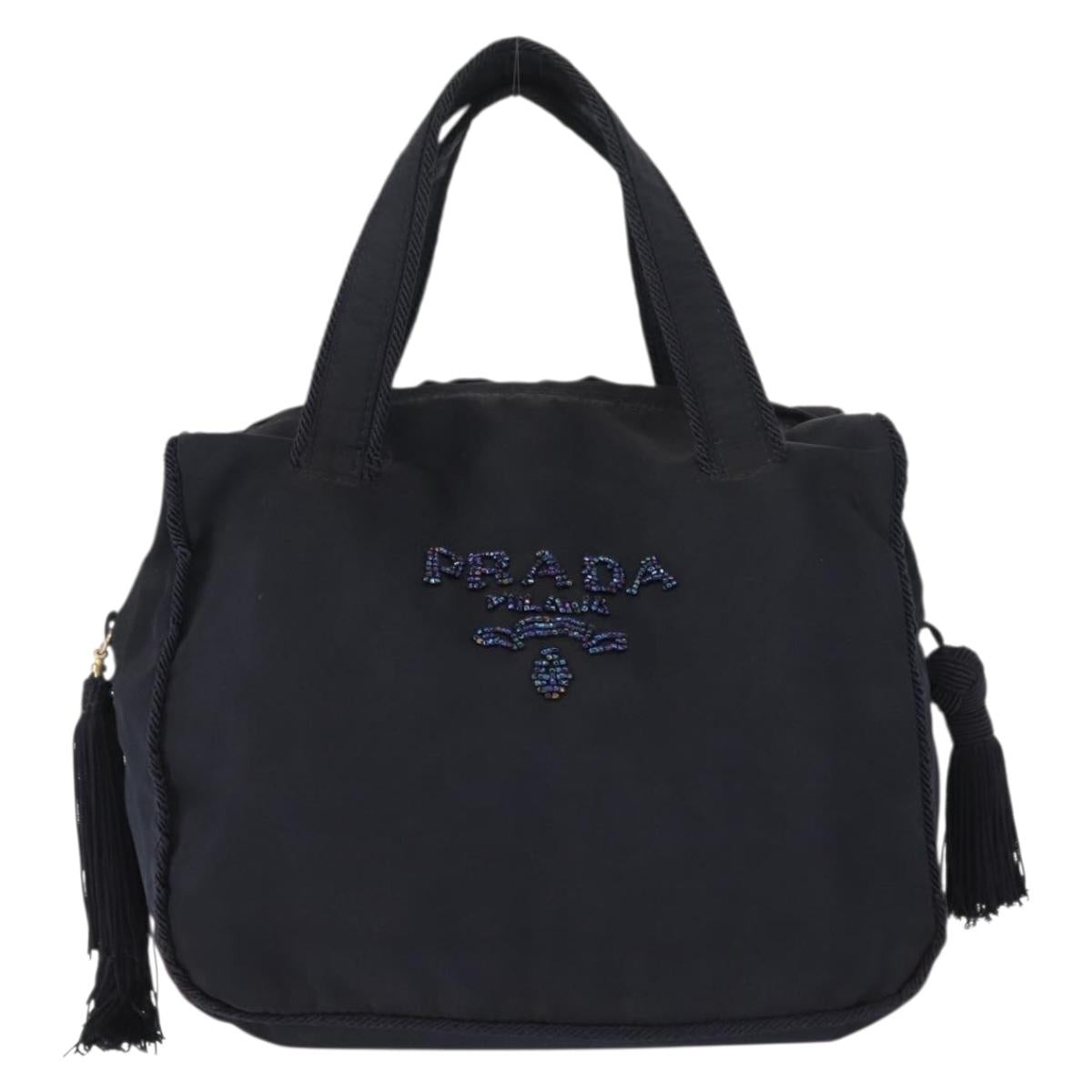 PRADA Beads Fringe Hand Bag Nylon Navy Gold Auth bs30157