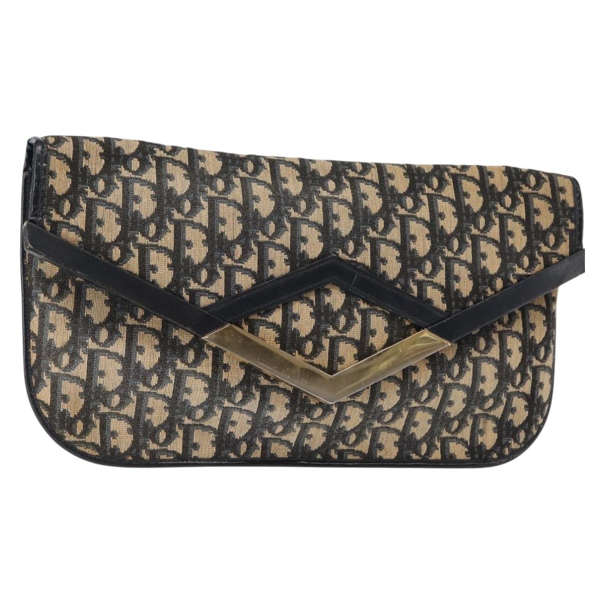 Christian Dior Trotter Canvas Clutch Bag Navy Gold Auth bs30160