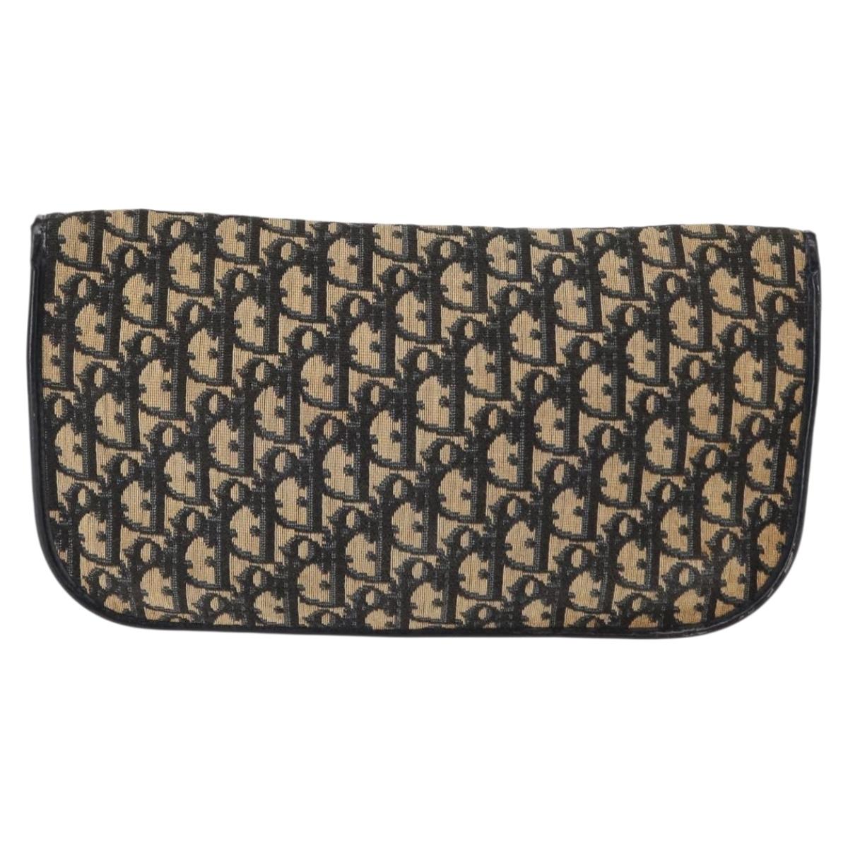 Christian Dior Trotter Canvas Clutch Bag Navy Gold Auth bs30160