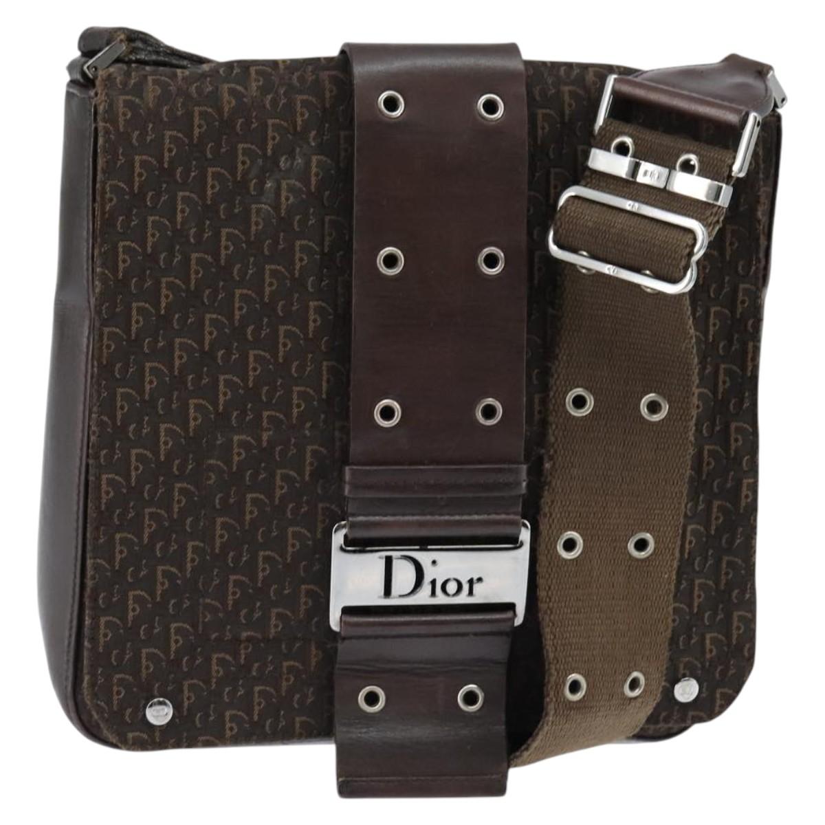 Christian Dior Trotter Canvas Shoulder Bag Brown Silver Auth bs30163