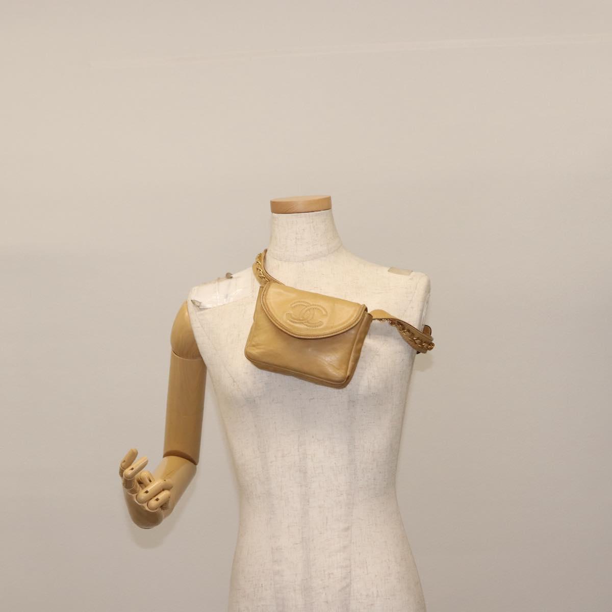 CHANEL Waist Pouch Lamb Skin Beige Gold CC Auth bs30183