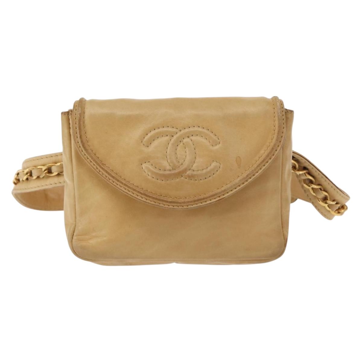 CHANEL Waist Pouch Lamb Skin Beige Gold CC Auth bs30183