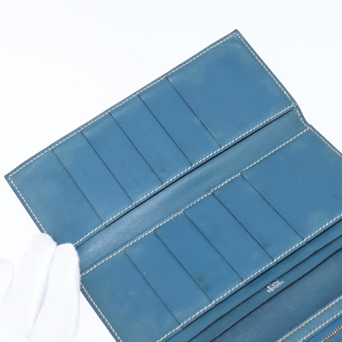 HERMES Bean Wallet Leather Blue Silver Auth bs30184