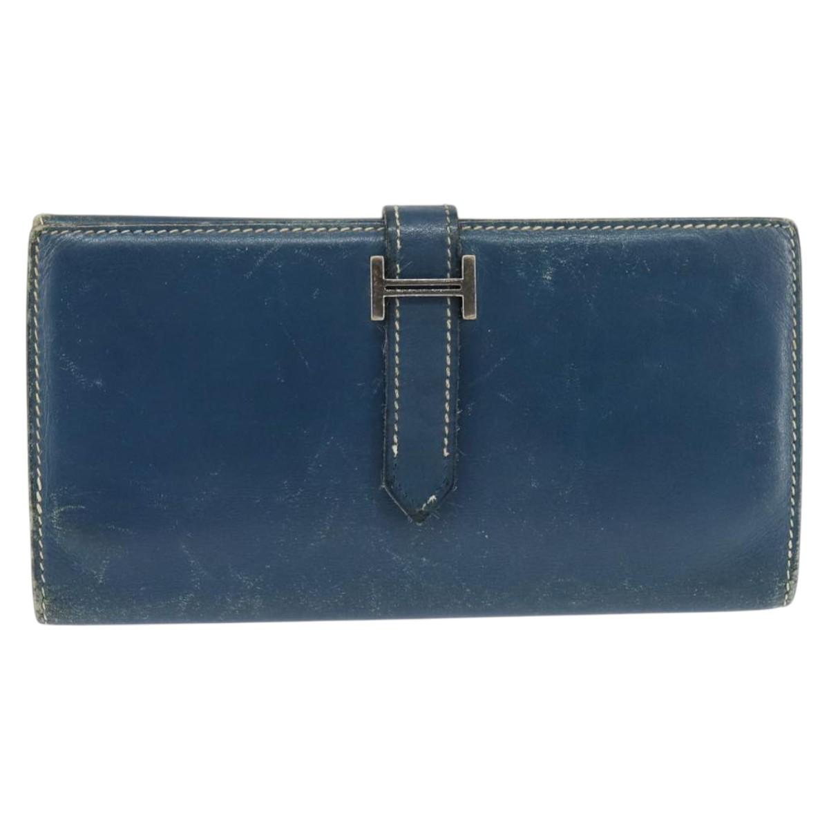 HERMES Bean Wallet Leather Blue Silver Auth bs30184