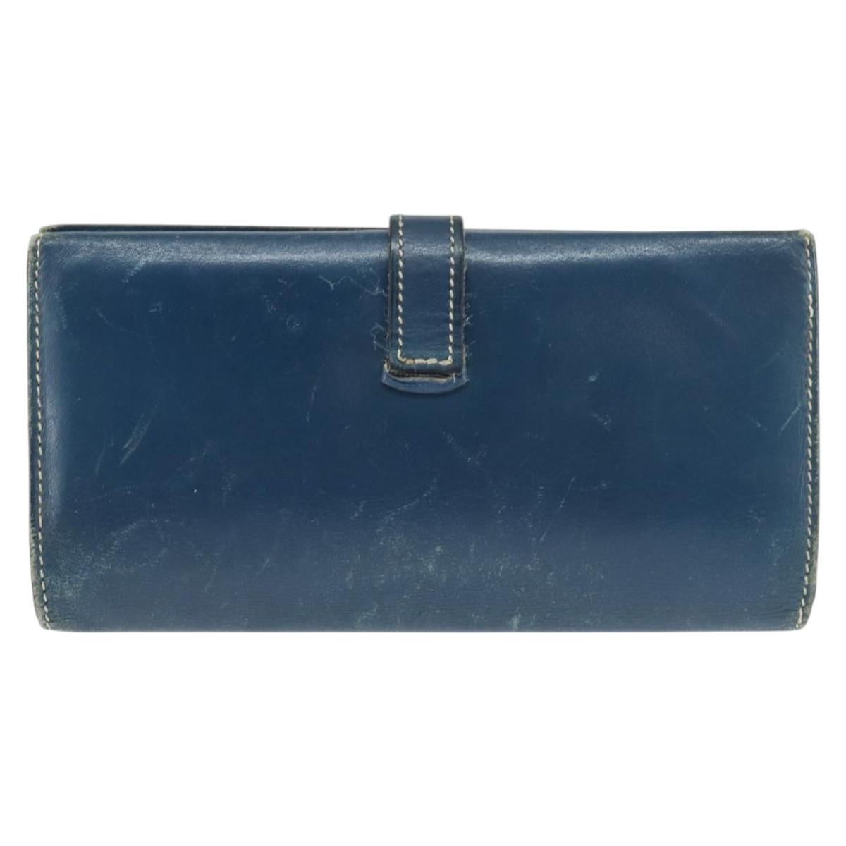 HERMES Bean Wallet Leather Blue Silver Auth bs30184