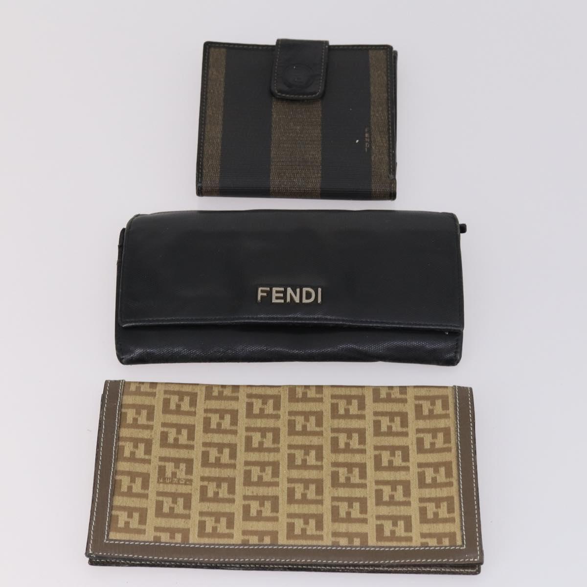 FENDI Zucca Canvas Wallet Leather 7Set Black Brown Auth bs30186