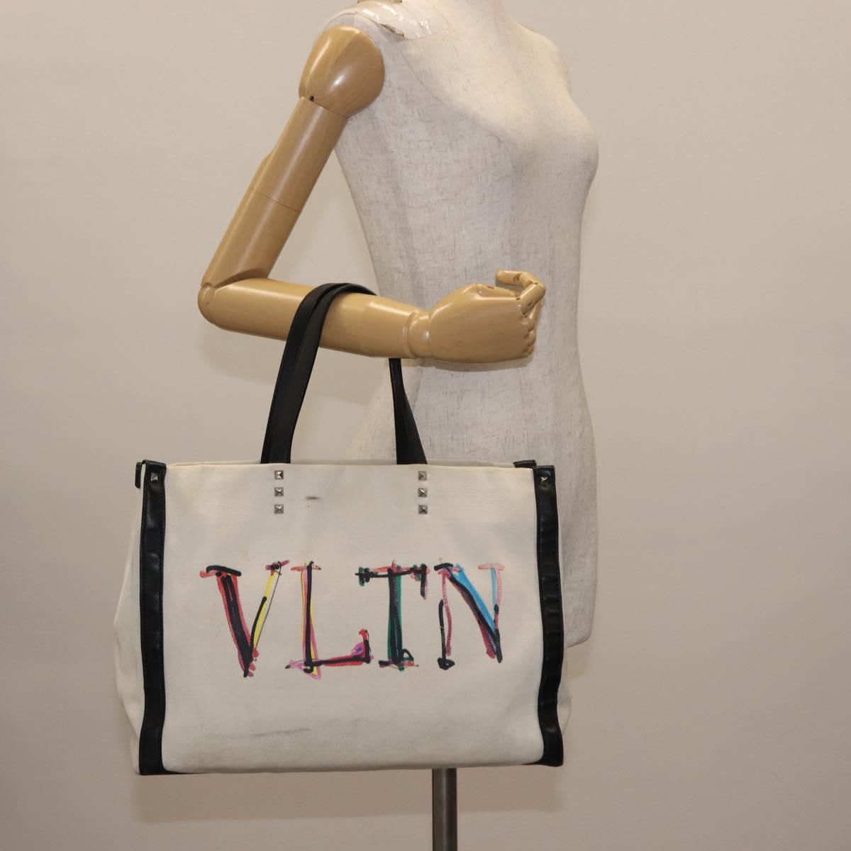 VALENTINO Studs Tote Bag Canvas White Silver Auth bs30222