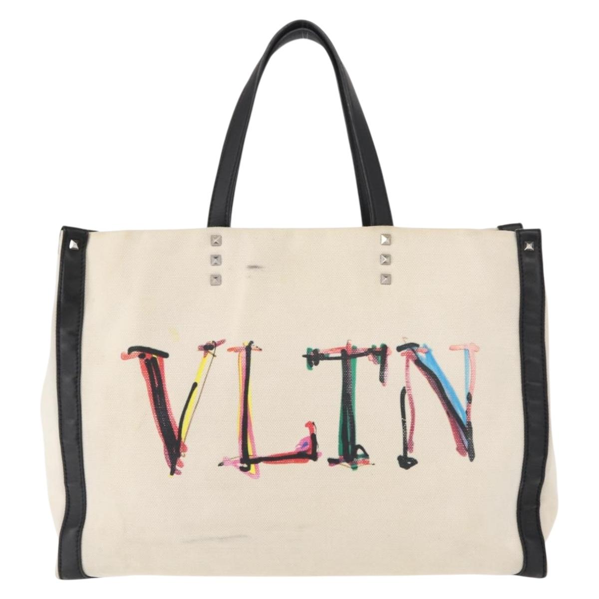 VALENTINO Studs Tote Bag Canvas White Silver Auth bs30222