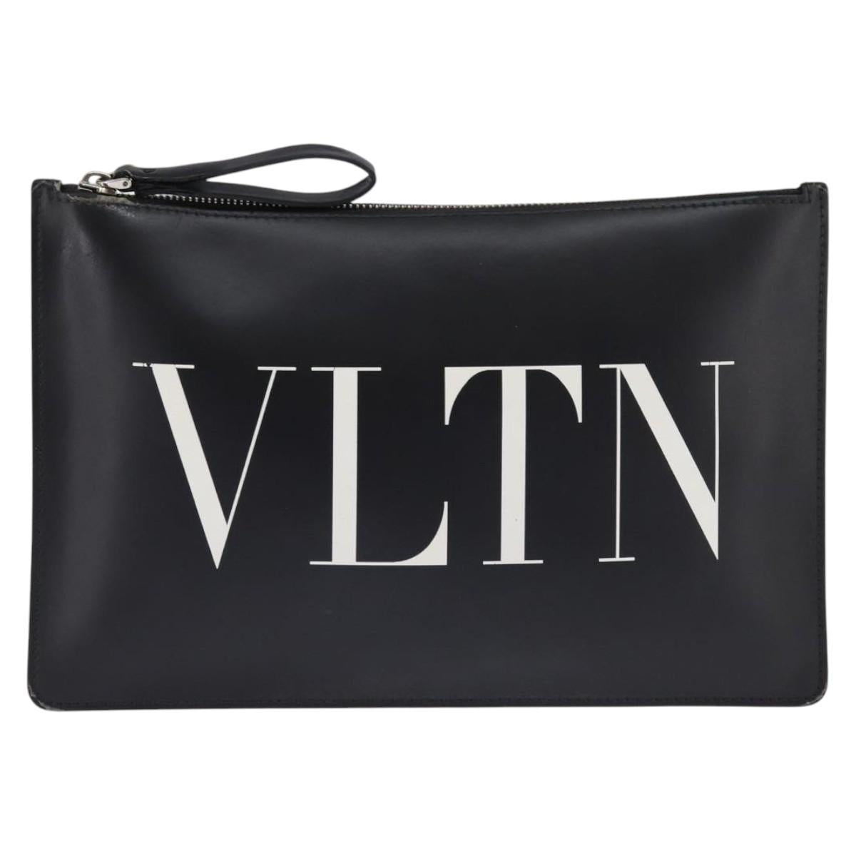 VALENTINO Clutch Bag Leather Black Silver Auth bs30223