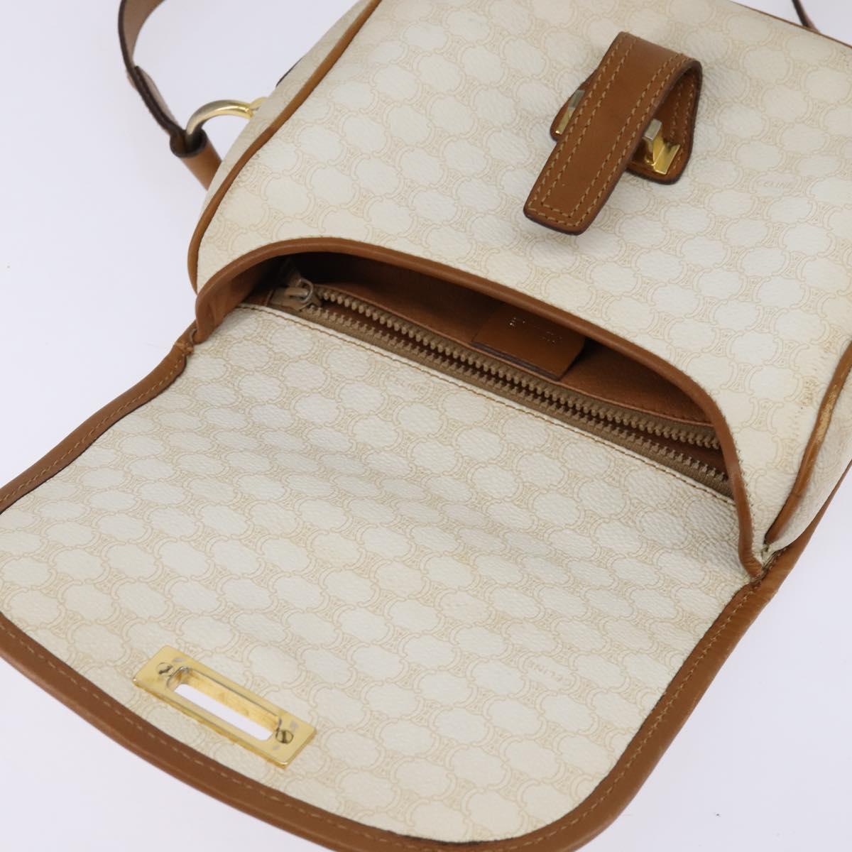 CELINE Macadam Canvas Shoulder Bag PVC Leather White Gold Auth bs30227