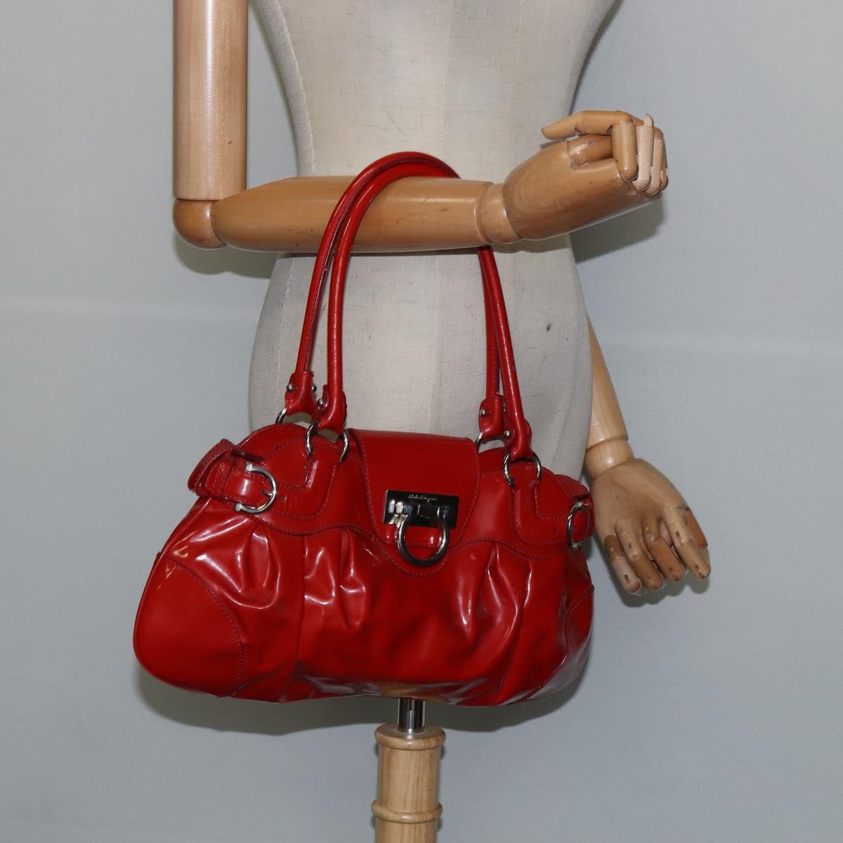 Salvatore Ferragamo Gancini Marissa Bag Patent leather Red Silver Auth bs30235