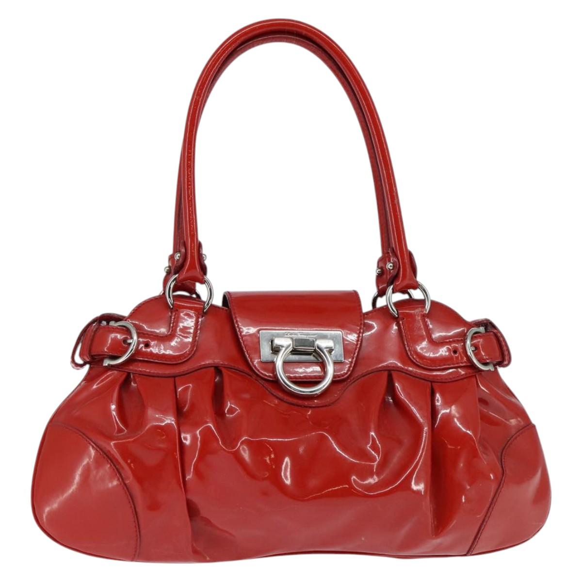 Salvatore Ferragamo Gancini Marissa Bag Patent leather Red Silver Auth bs30235