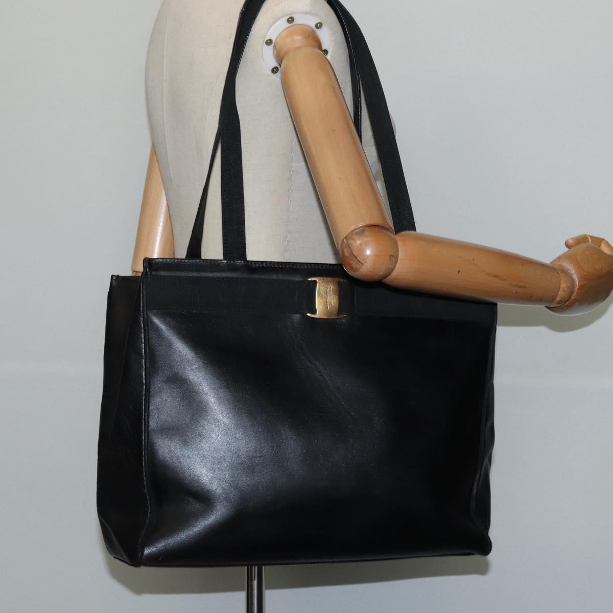 Salvatore Ferragamo Vala Tote Bag Leather Black Gold Auth bs30236