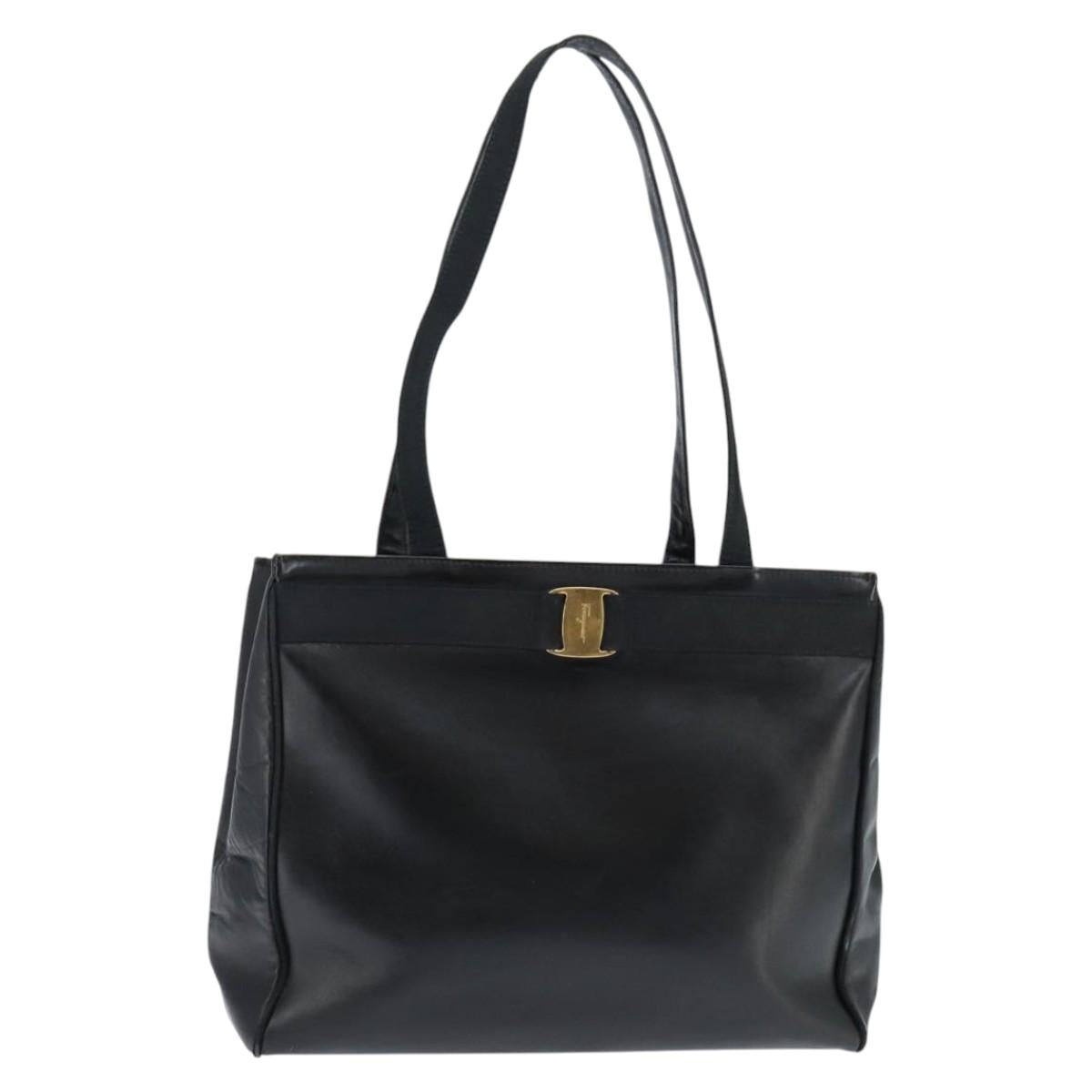 Salvatore Ferragamo Vala Tote Bag Leather Black Gold Auth bs30236