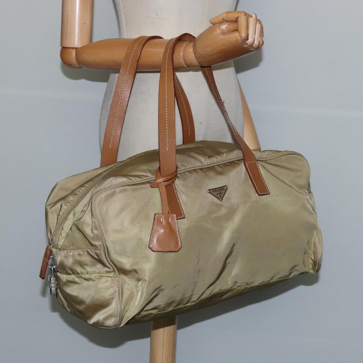 PRADA Boston Bag Nylon Beige Silver Auth bs30240