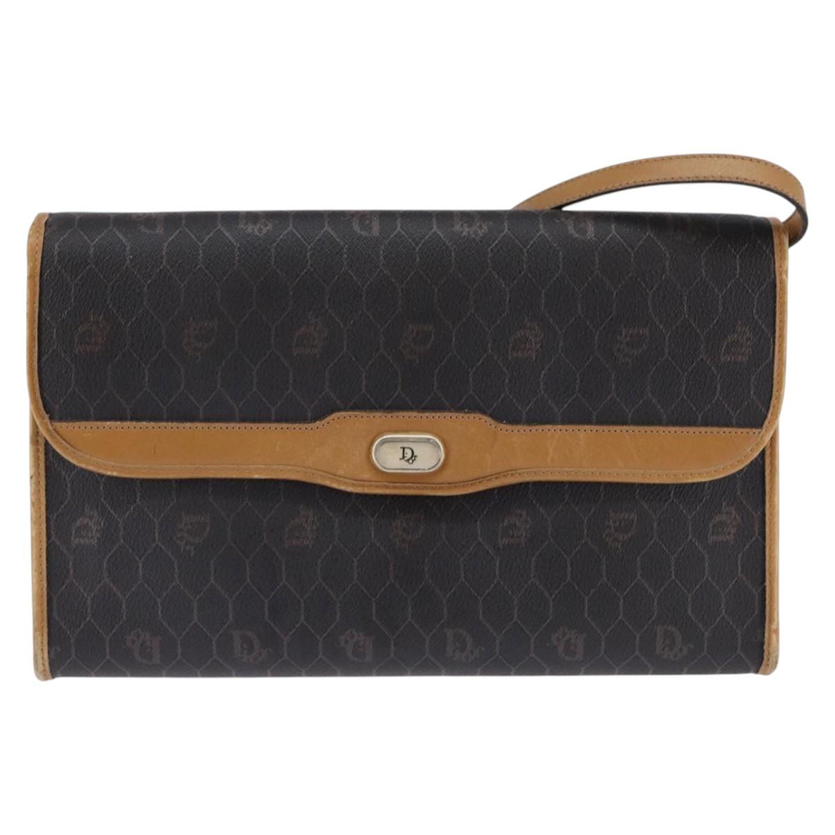 Christian Dior Honeycomb Canvas Bag PVC 2way Black Brown gold Auth bs30244