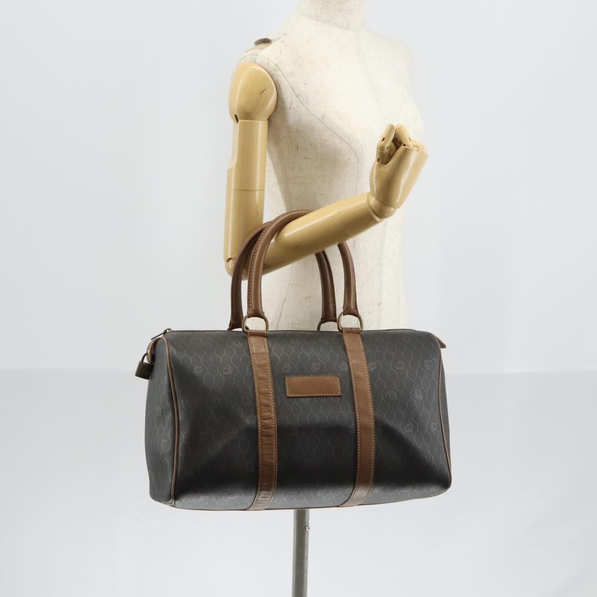 Christian Dior Honeycomb Canvas Boston Bag PVC Black Gold Auth bs30245