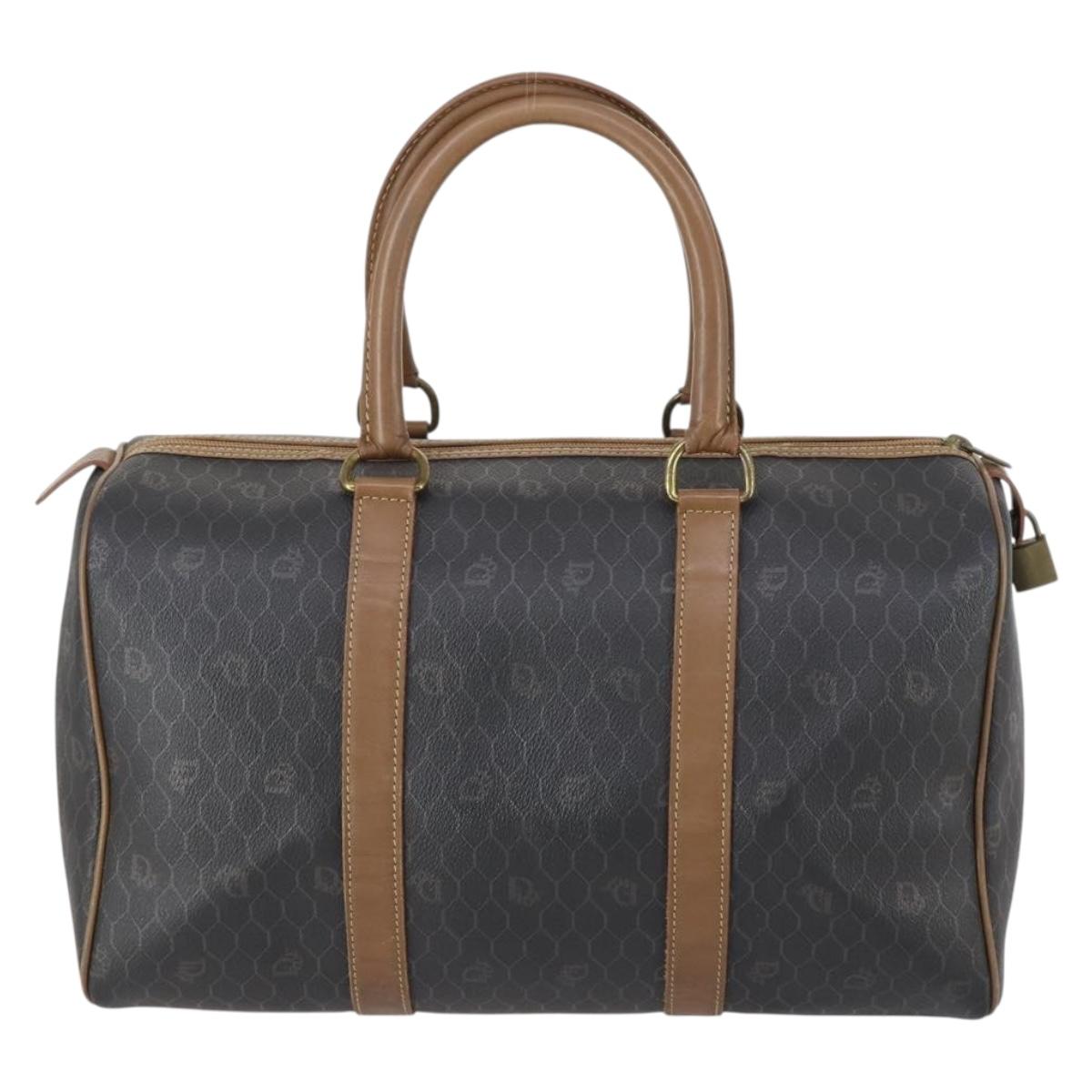 Christian Dior Honeycomb Canvas Boston Bag PVC Black Gold Auth bs30245