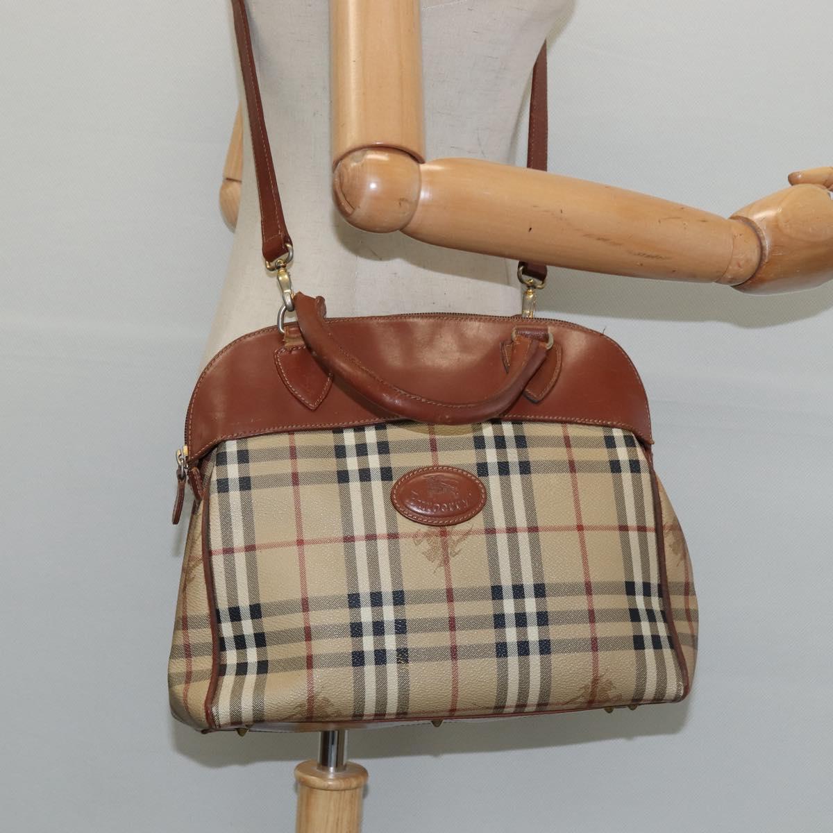 Burberrys Nova Check Hand Bag PVC 2way Beige Gold Auth bs30261