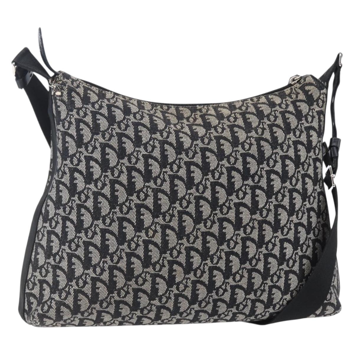 Christian Dior Trotter Canvas Shoulder Bag Black Silver Auth bs30270