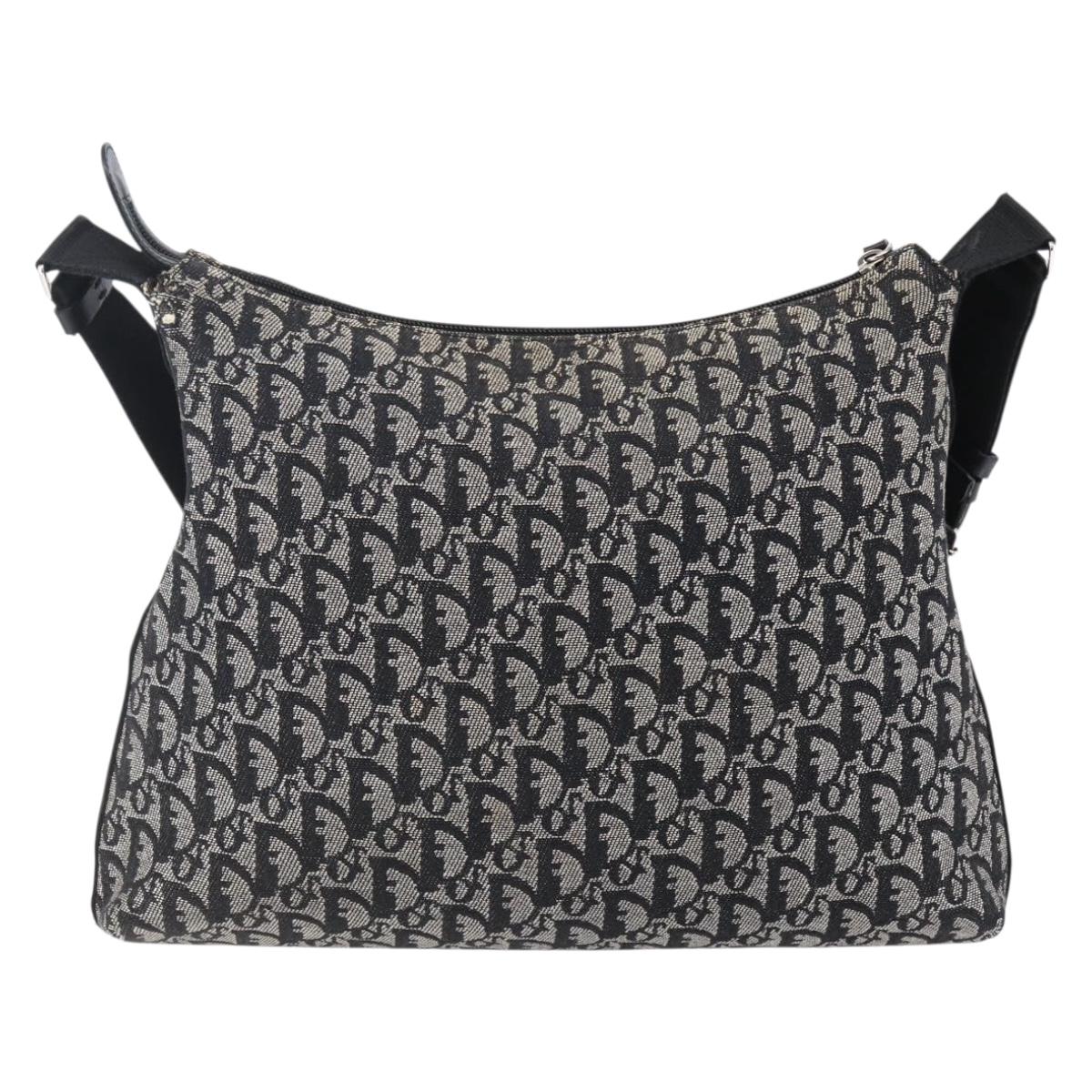 Christian Dior Trotter Canvas Shoulder Bag Black Silver Auth bs30270