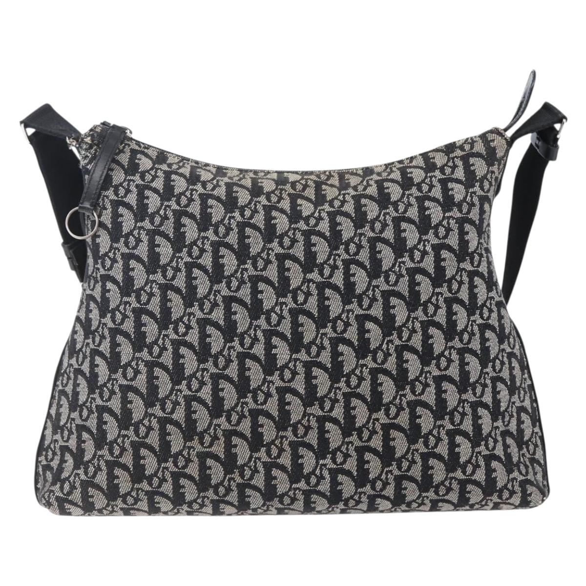 Christian Dior Trotter Canvas Shoulder Bag Black Silver Auth bs30270