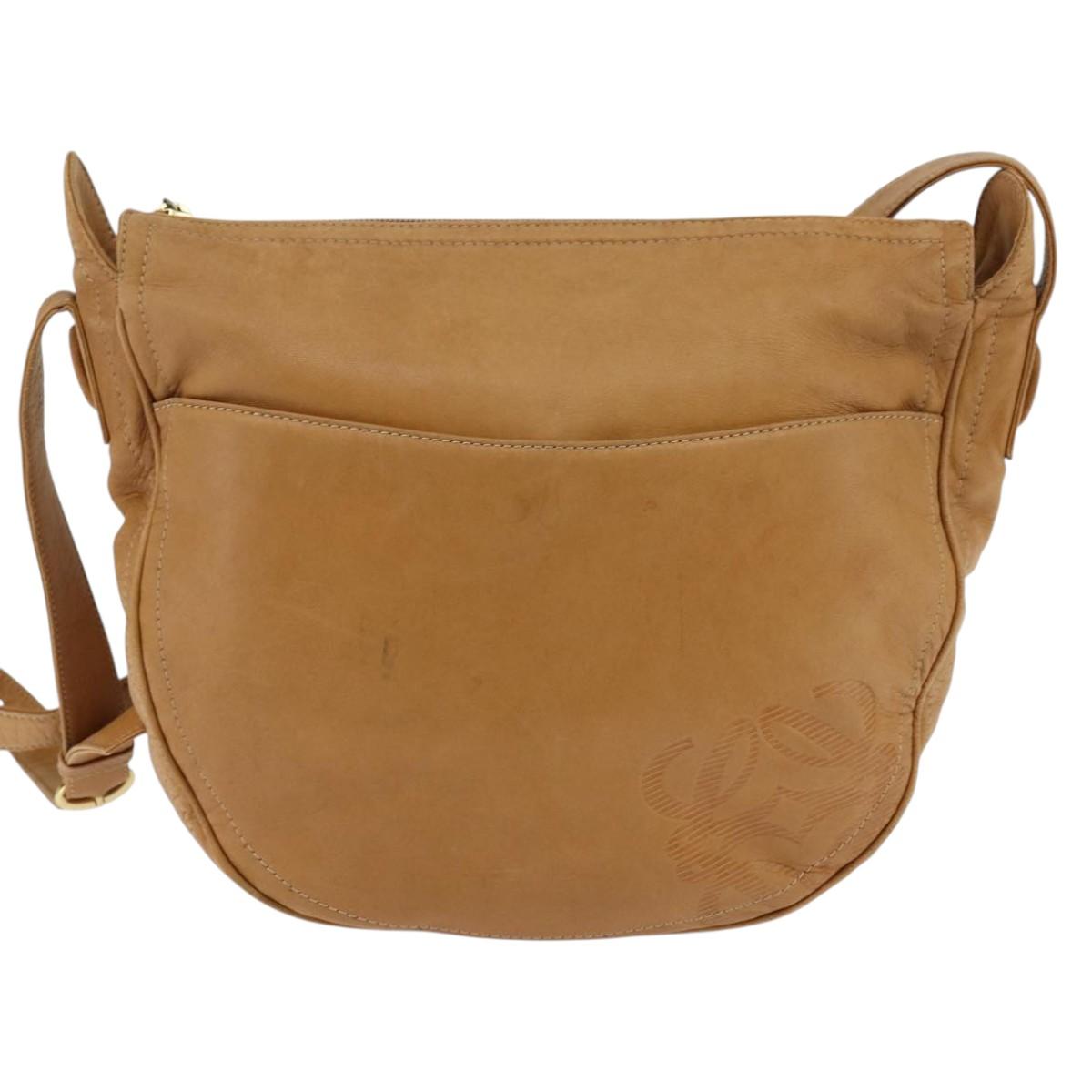 LOEWE Anagram Shoulder Bag Leather Brown Gold Auth bs30276