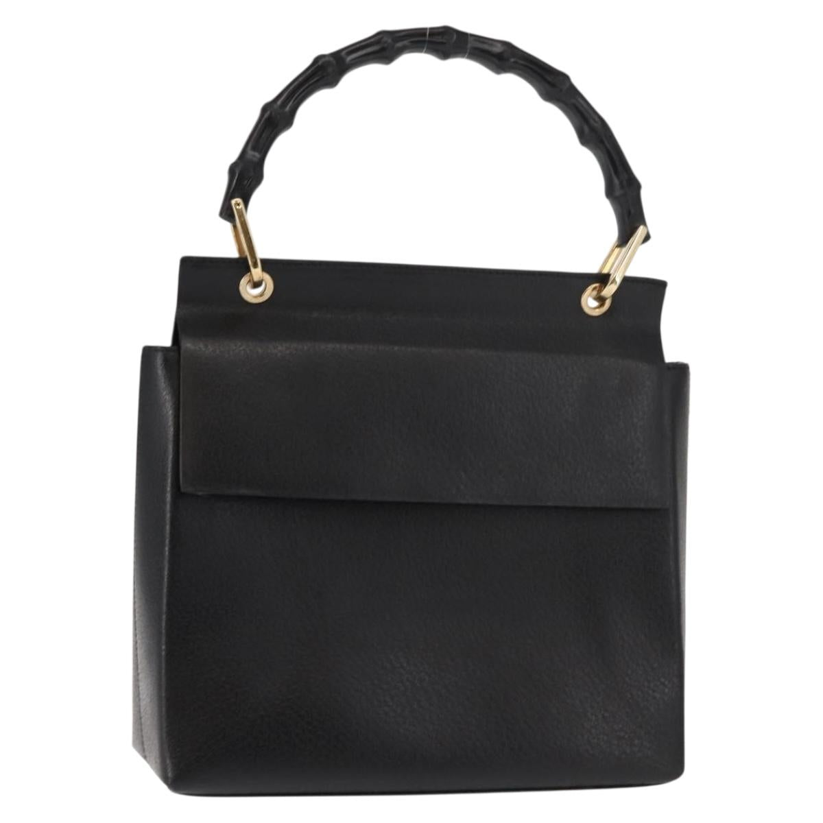 GUCCI Bamboo Hand Bag Leather Black Gold Auth bs30278
