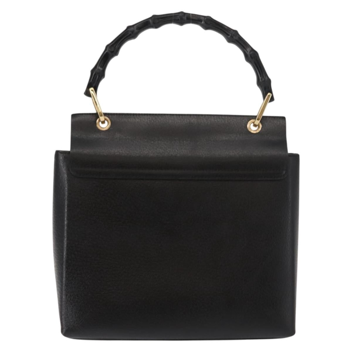 GUCCI Bamboo Hand Bag Leather Black Gold Auth bs30278