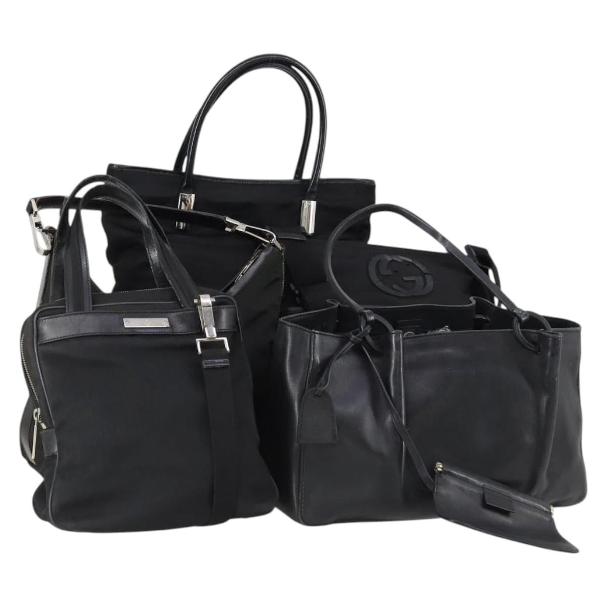 GUCCI Web Sherry Line Hand Bag Leather Nylon 5Set Black Khaki Auth bs30287