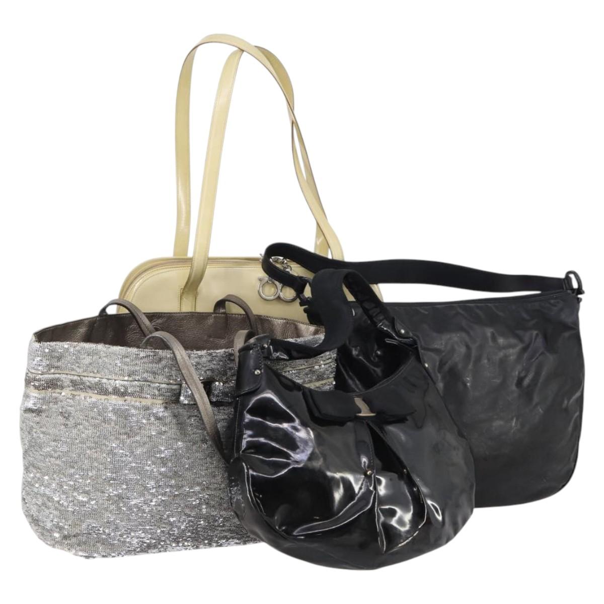 Salvatore Ferragamo Bag Leather Sequin PVC 4 Set Black Beige Silver Auth bs30291