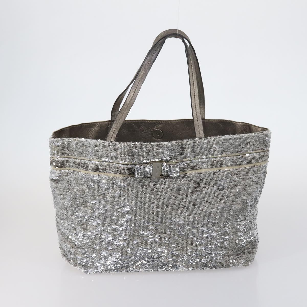 Salvatore Ferragamo Bag Leather Sequin PVC 4 Set Black Beige Silver Auth bs30291