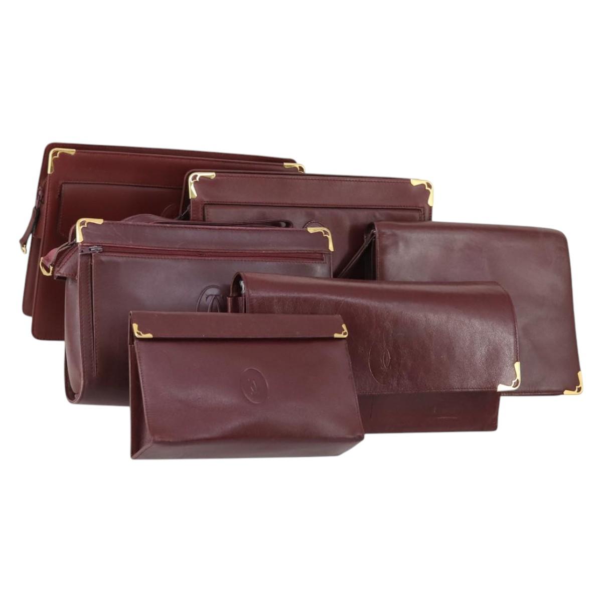 CARTIER Must Line Clutch Bag Leather 4Set Bordeaux Gold Auth bs30292