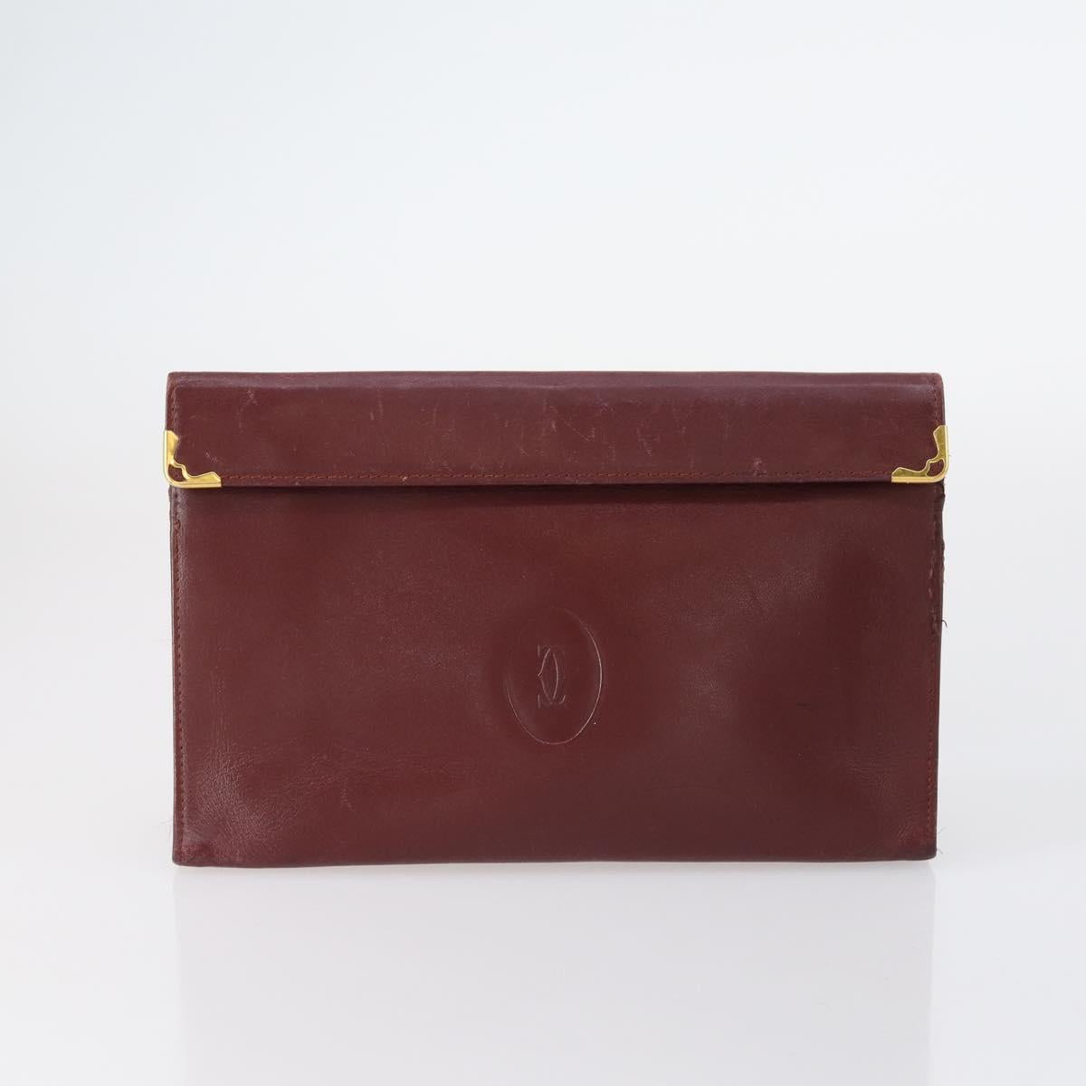 CARTIER Must Line Clutch Bag Leather 4Set Bordeaux Gold Auth bs30292
