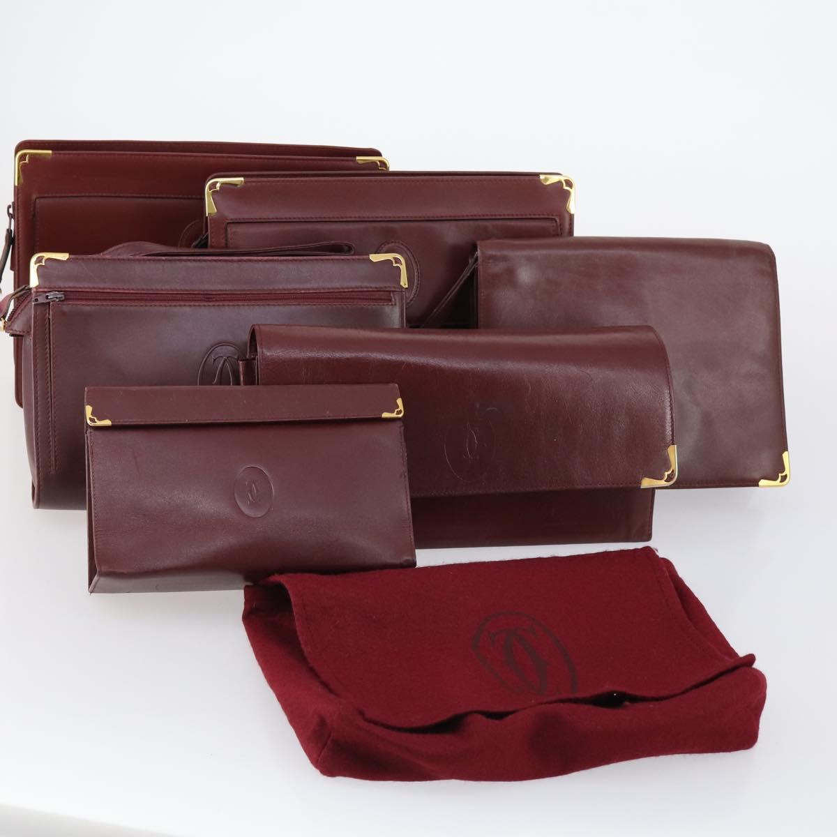 CARTIER Must Line Clutch Bag Leather 4Set Bordeaux Gold Auth bs30292