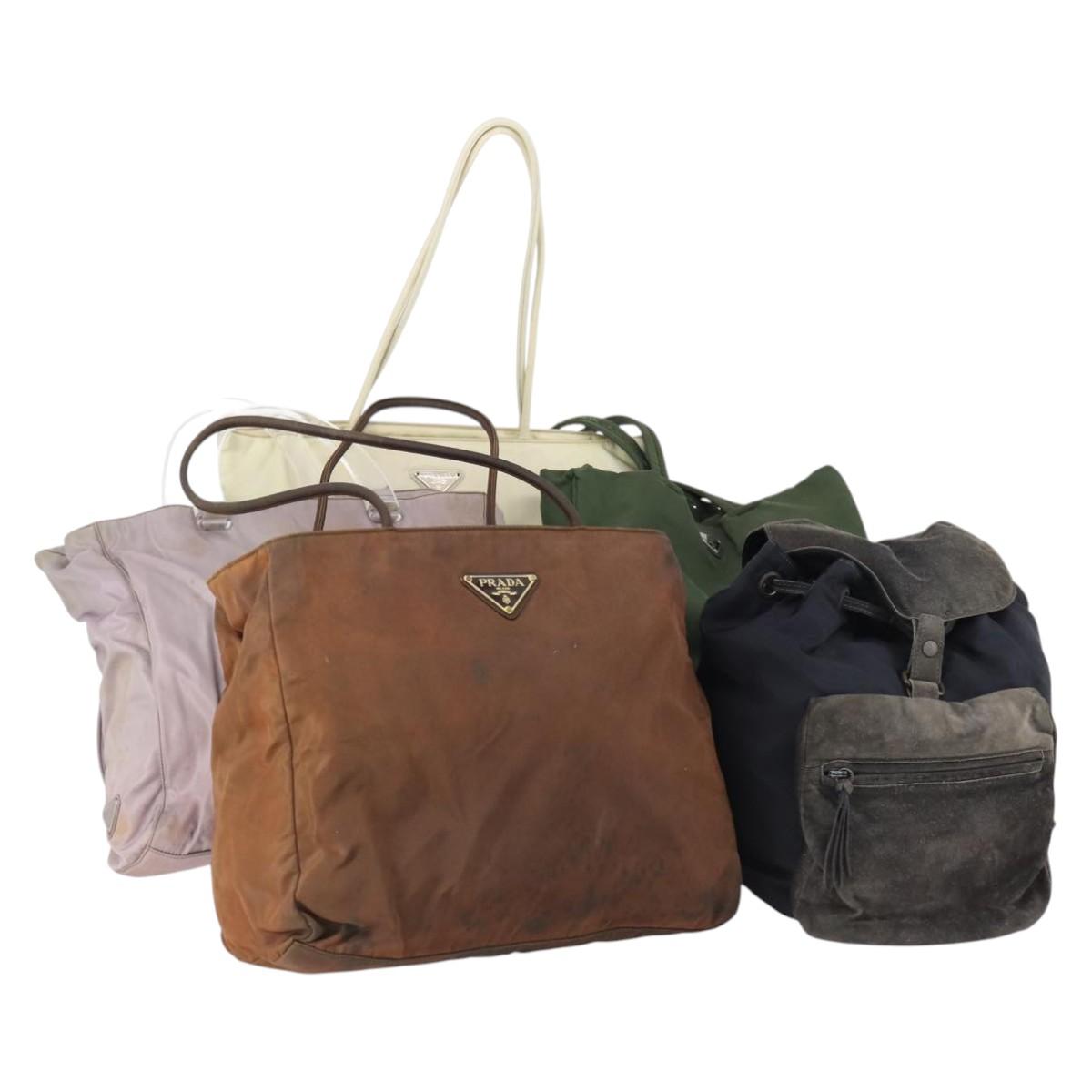 PRADA Tote Bag Nylon Suede 5Set Brown Khaki beige Auth bs30294