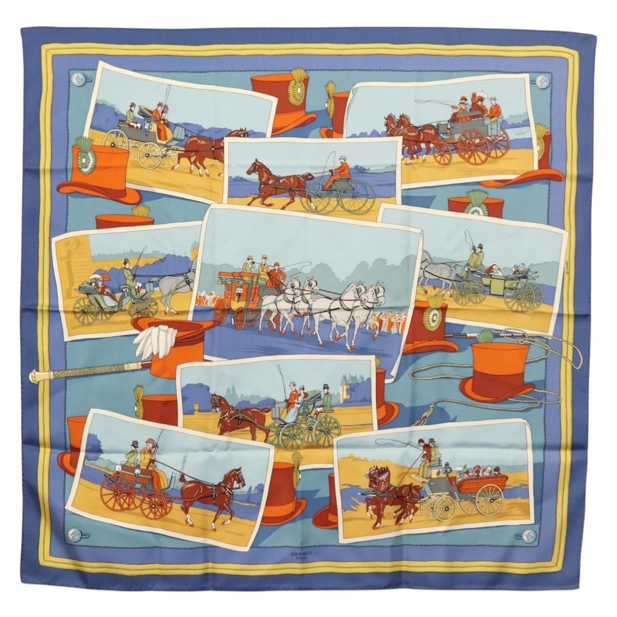 HERMES Carre 90 Scarf Silk ""Mail Coach"" Blue Auth bs30298