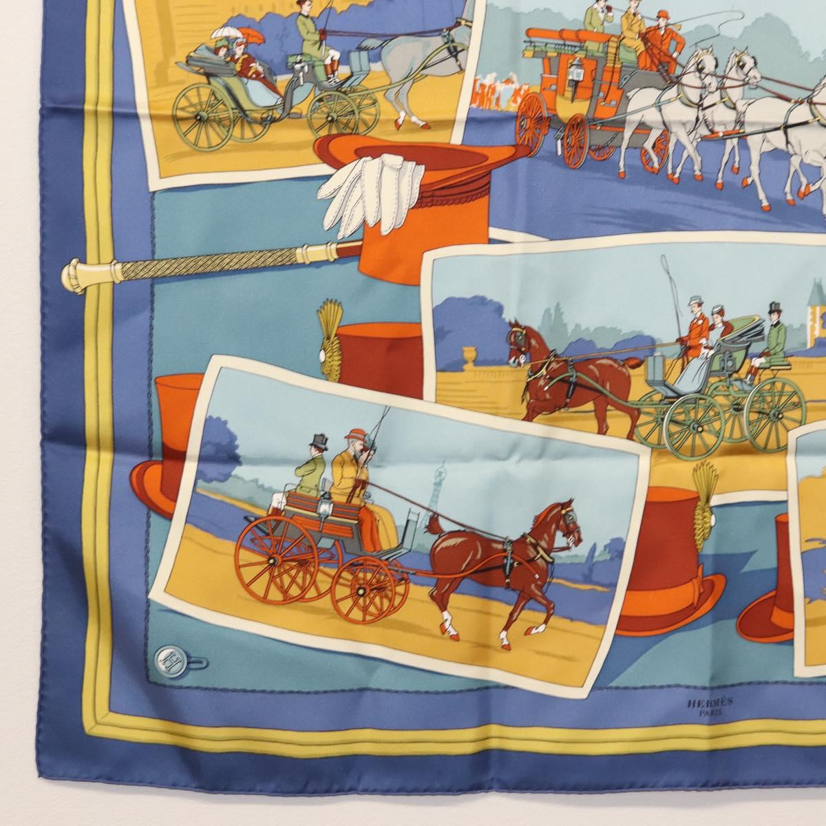 HERMES Carre 90 Scarf Silk ""Mail Coach"" Blue Auth bs30298