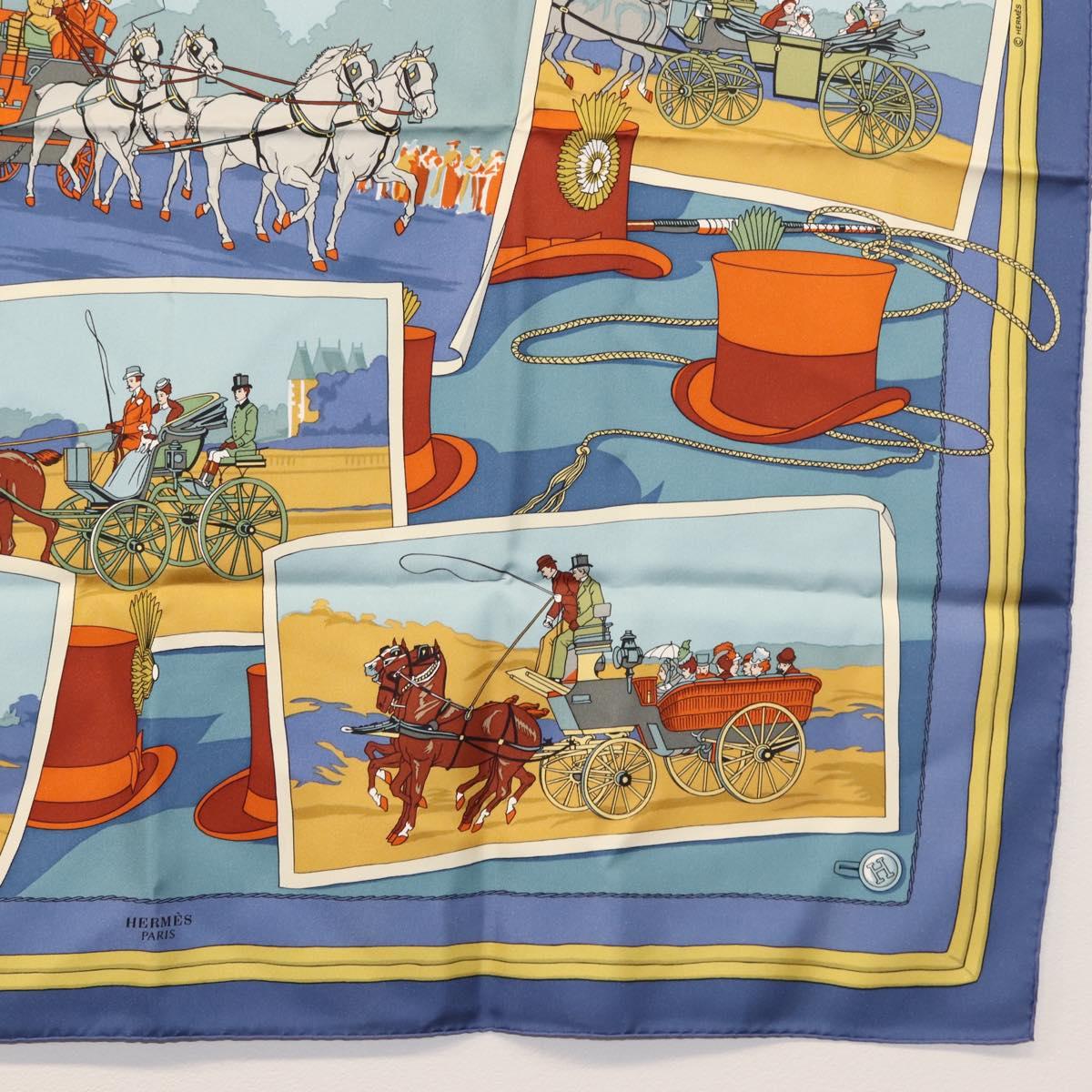 HERMES Carre 90 Scarf Silk ""Mail Coach"" Blue Auth bs30298